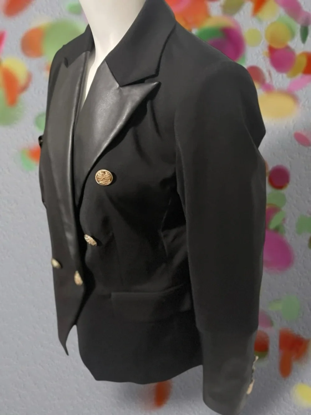 Boston Proper Black Leather Detailed Modern Double-Breasted Blazer Size 10